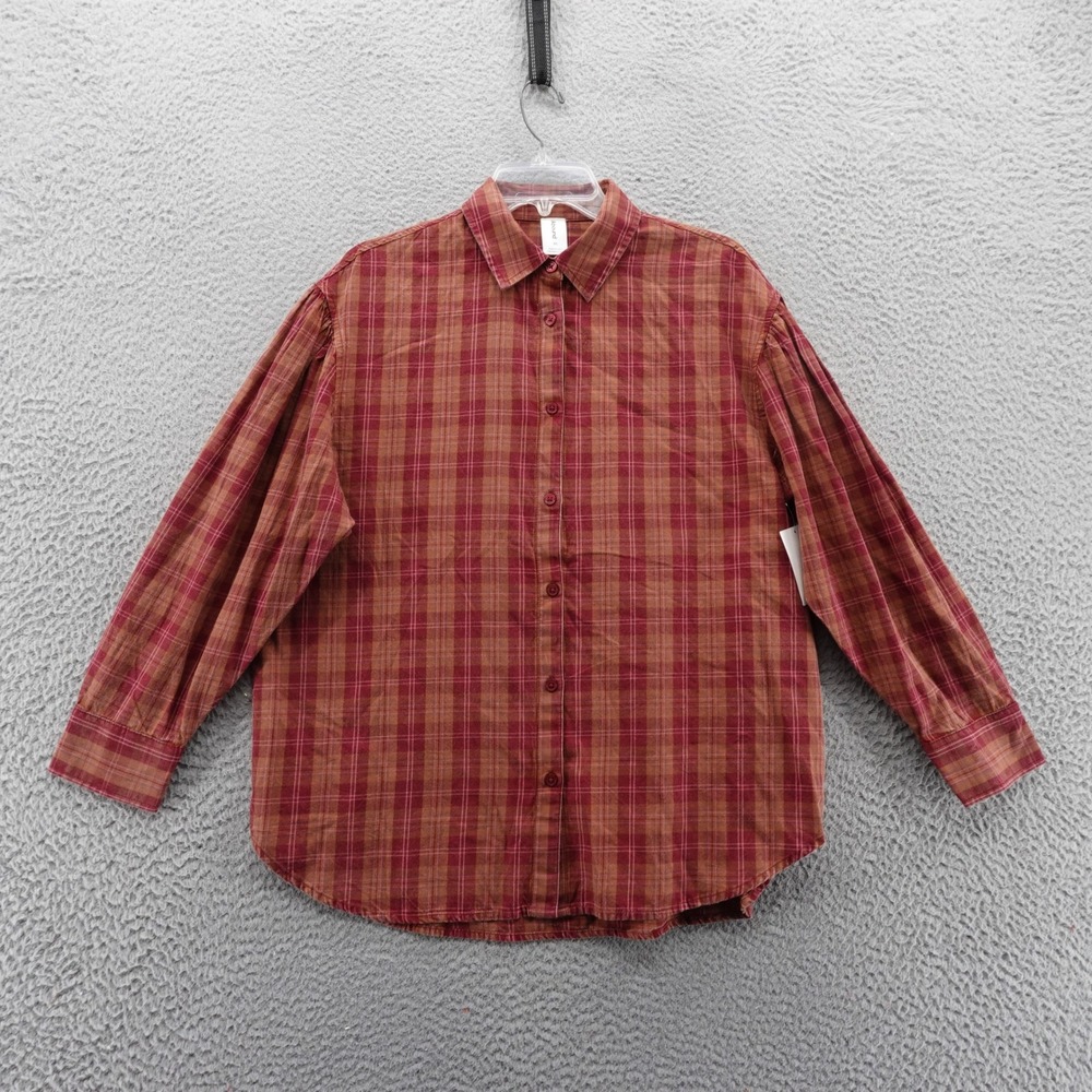 Abound Plaid Oversized Button Up Shirt Women XS Red Brown Casual Top NEW